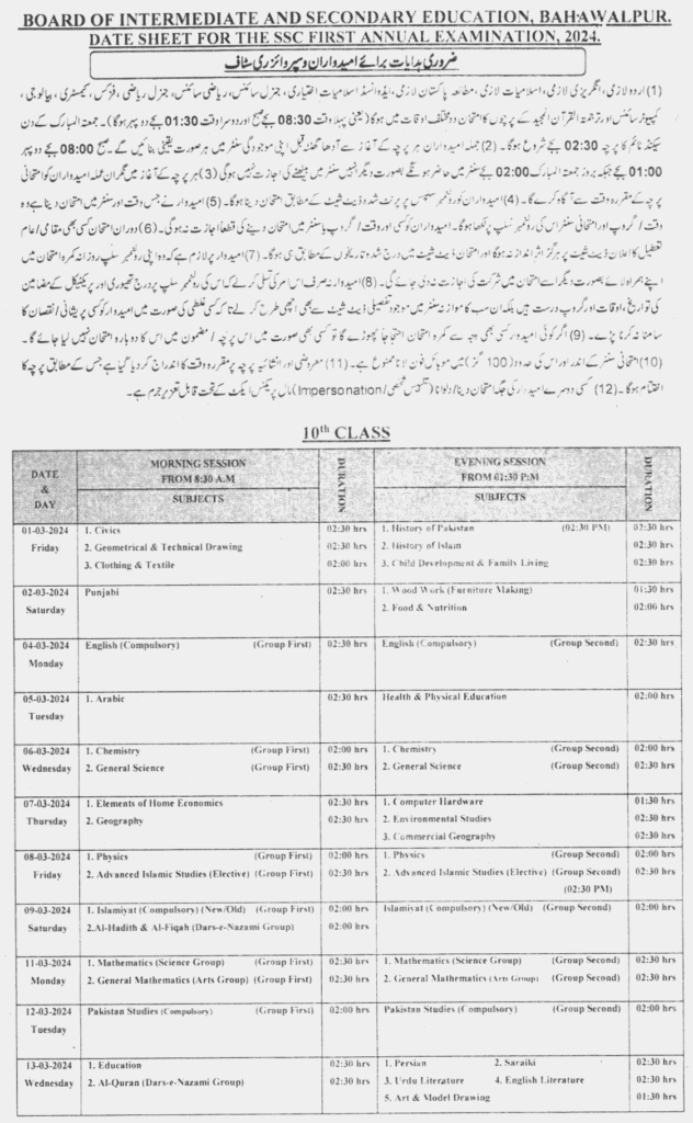 9th Class Date Sheet Bahawalpur Board 2024