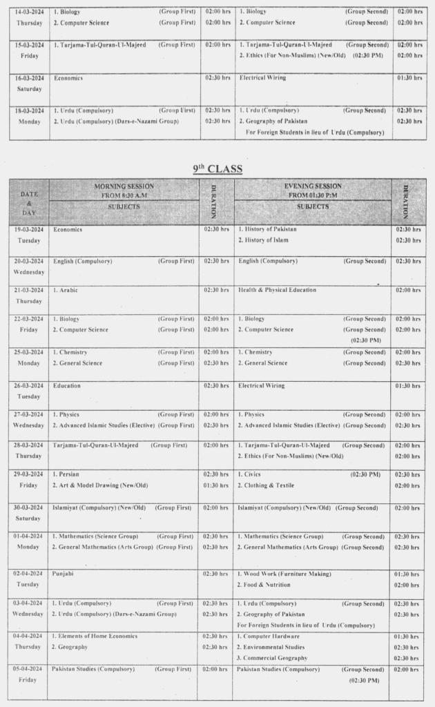 9th Class Date Sheet Bahawalpur Board 2024