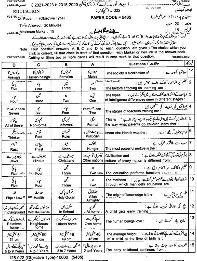 9th Class Education Past Paper 2022 - Lahore Board