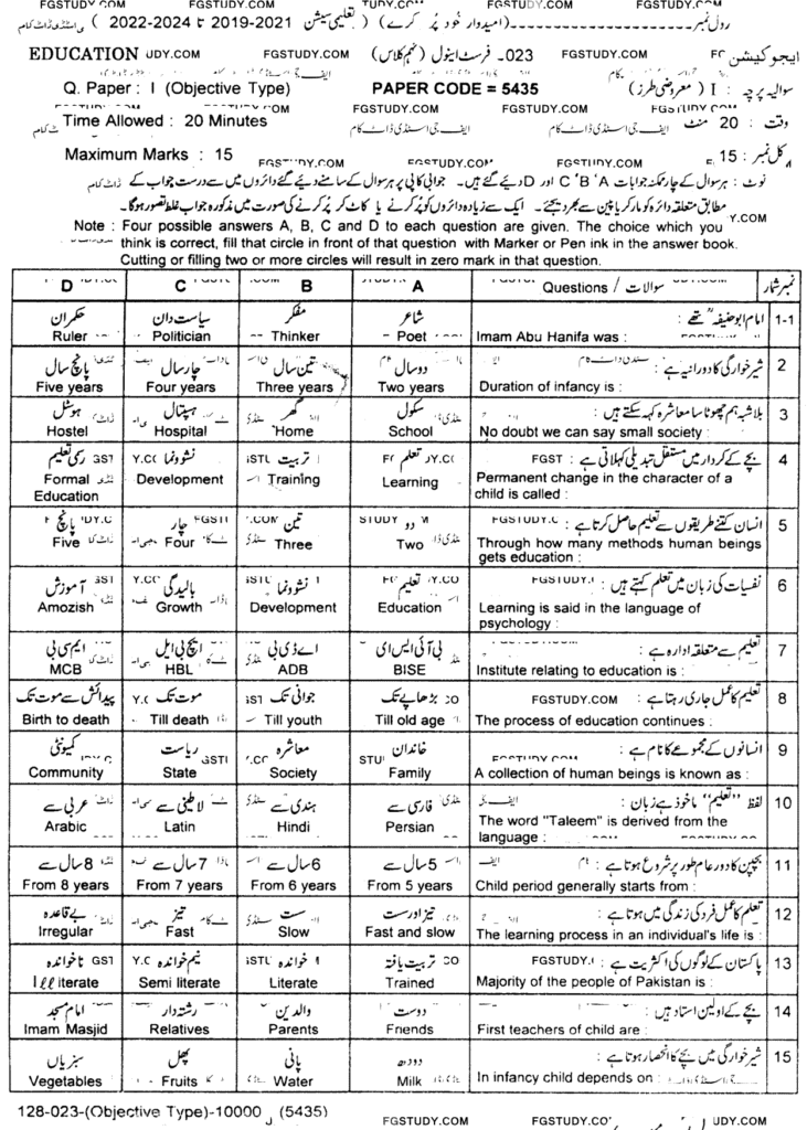 9th Class Education Past Paper 2023 – Lahore Board