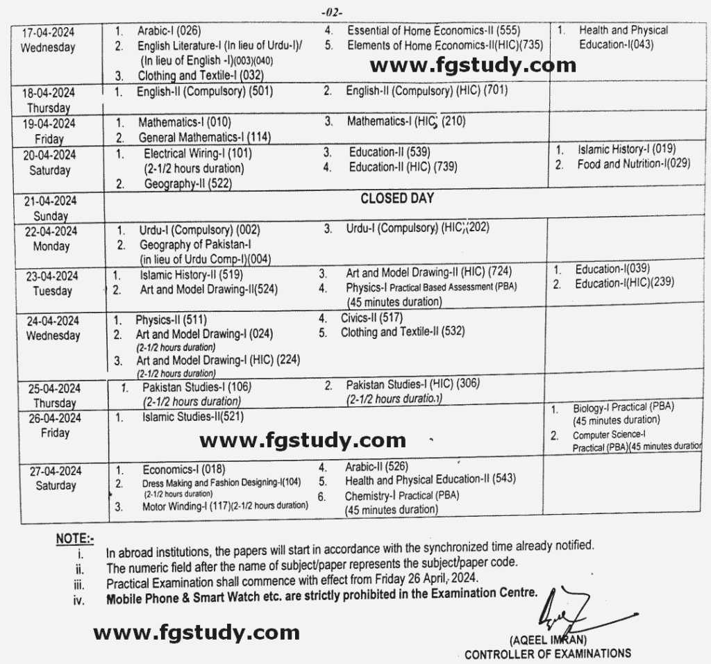 9th Class Date Sheet Federal Board